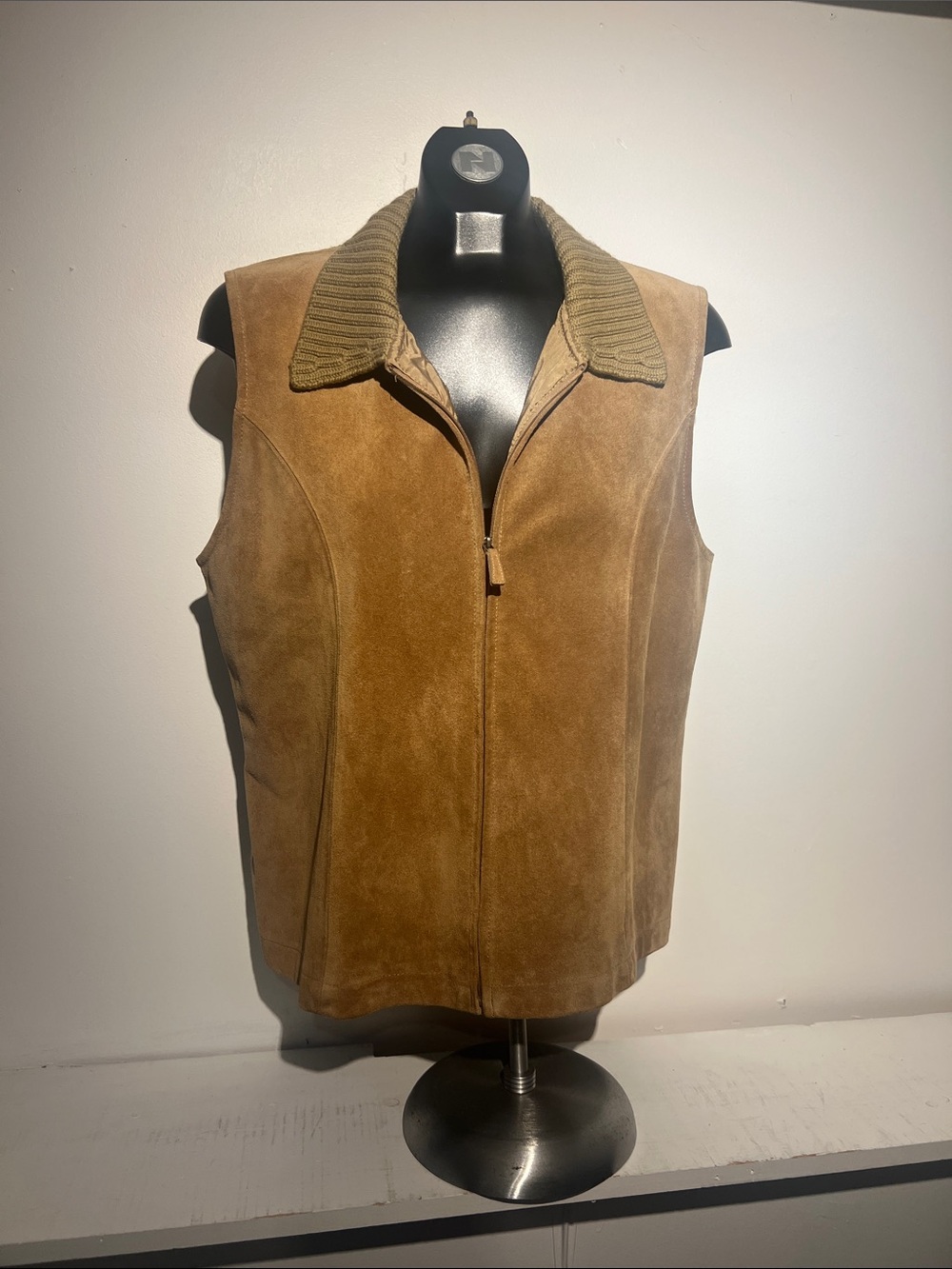 Suede Zip-Front Vest with Ribbed Collar - Brown